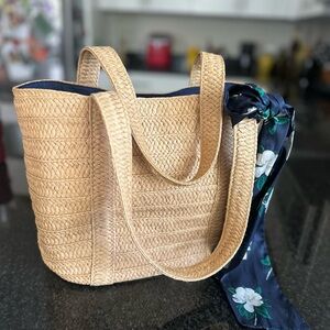 Draper James Beige Woven Tote with Dark Blue Floral Scarf